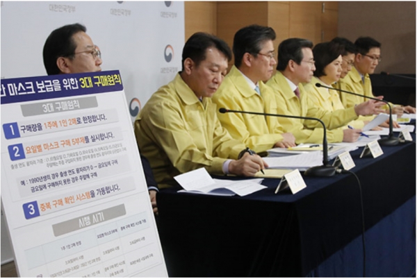 김용범 기획재정부 1차관(왼쪽 네 번째)이 5일 오전 정부서울청사에서 관계부처와 합동으로 마스크 수급 안정화 대책을 발표하고 있다
