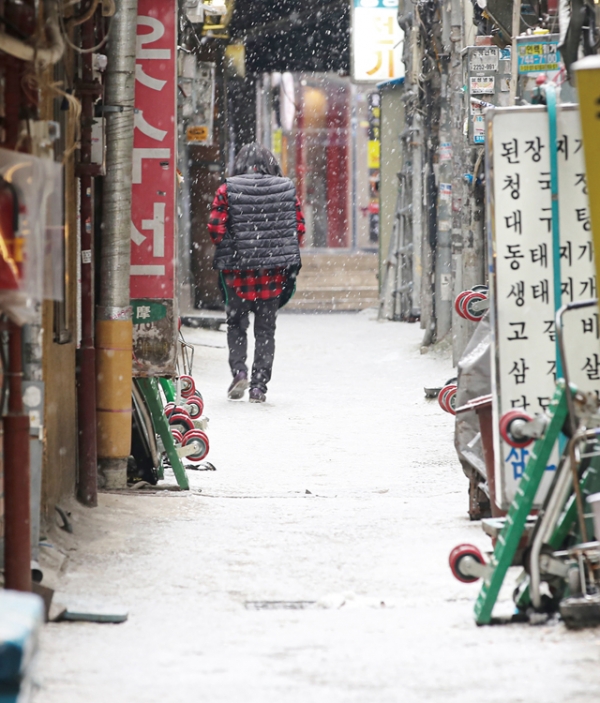 지난 12일 눈이 내리고 있는 서울 중구 명동의 식당 골목. 점심시간임에도 인적이 끊겨 한산한 모습이다. 코로나19로 경제가 침체되면서 장사를 포기하고 폐업하는 소상공인이 늘고 있다.