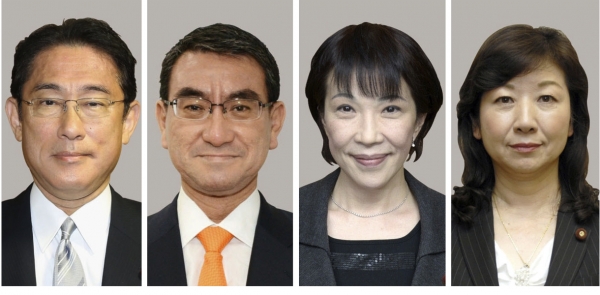 일본 집권 자민당 총재 선거 후보. 왼쪽부터 기시다 후미오, 고노 다로, 다카이치 사나에, 노다 세이코