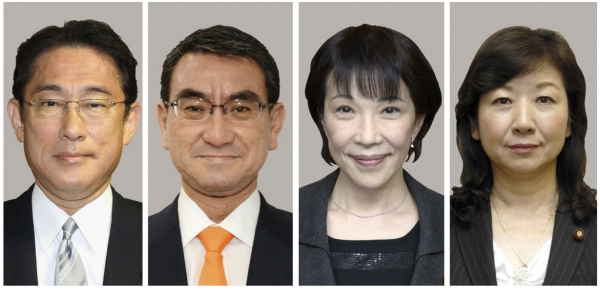 일본 집권 자민당 총재 선거 후보. 왼쪽부터 기시다 후미오, 고노 다로, 다카이치 사나에, 노다 세이코