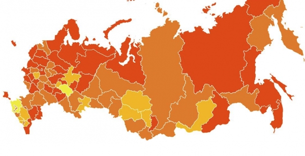 러시아는 감염병 확산 정도를 6등급으로 나누어 초록색부터 붉은색까지 색깔로 표시하고 있다. 전국이 확산이 심각한 노란색, 주황색, 붉은색으로 표시돼 있다. [러시아 코로나19 유입·확산 방지 대책본부 자료]